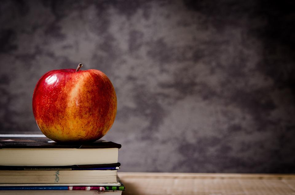 An apple placed on a stack of books on a desk.